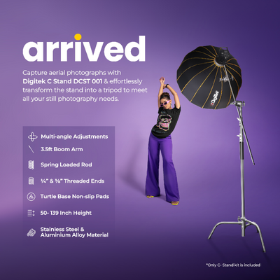 Digitek Heavy Duty Light Stand C-Stand - Max. 10 Feet/3 Meters Adjustable with 3.5 Feet Holding Arm and Grip Head for Studio Video Reflector, Monolight and Other Photographic Equipment (Black) - Digitek