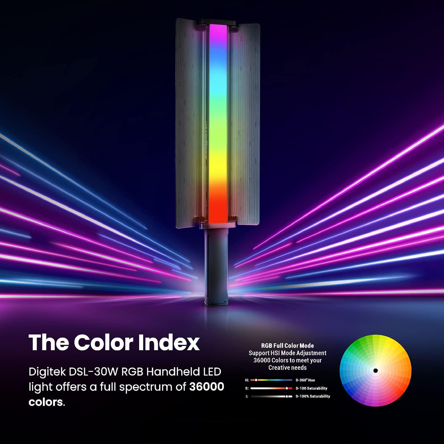 Digitek (DSL-30W RGB) Portable Handheld RGB LED Light Wand with Grid, Diffuser & Barn Door Comes with a 5200mAh Built in Battery Pack. - Digitek